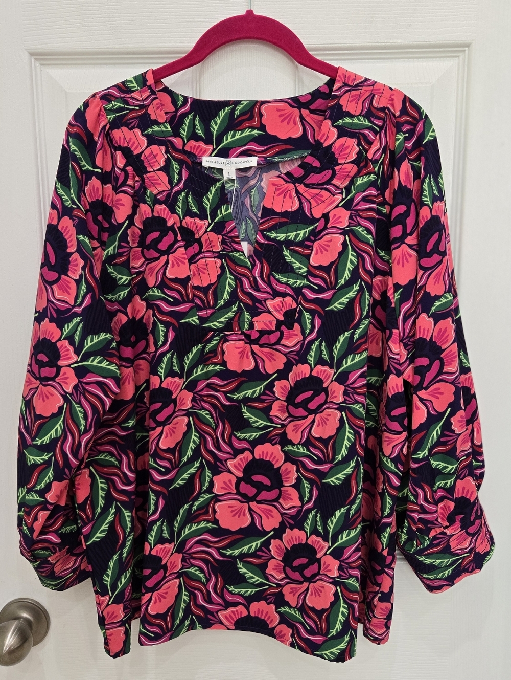 Michelle McDowell Floral Long Sleeve Feminine Chic Purple Pink Top Size L NWT